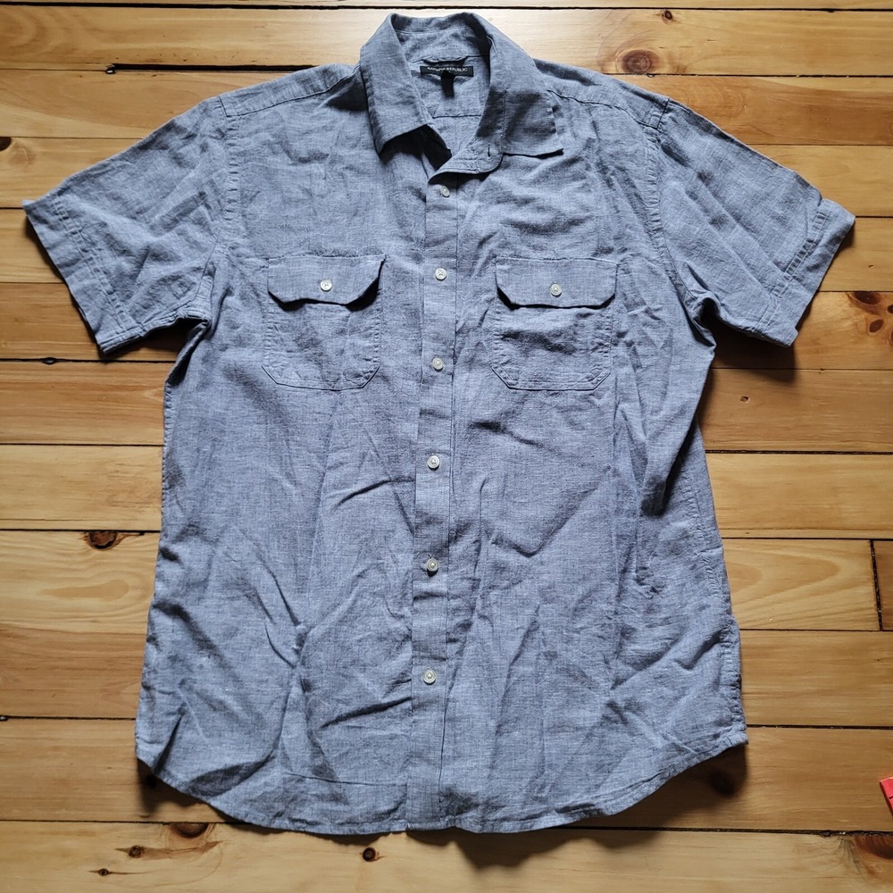 Banana Republic Button Up Shirt Mens Large Linen Blend Gray Lightweight Vacation